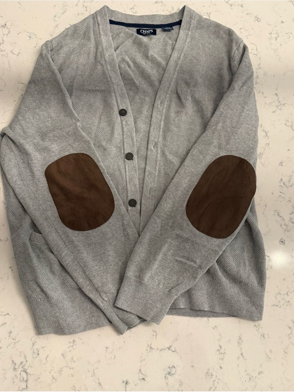 Chaps Men's Light Gray Cardigan with Brown Elbow Patches